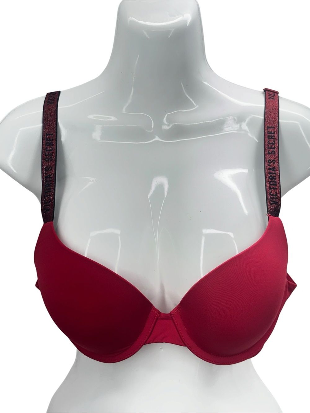 Victoria's Secret Red Rhinestone Logo Strap T-Shirt Push-Up Bra 34B